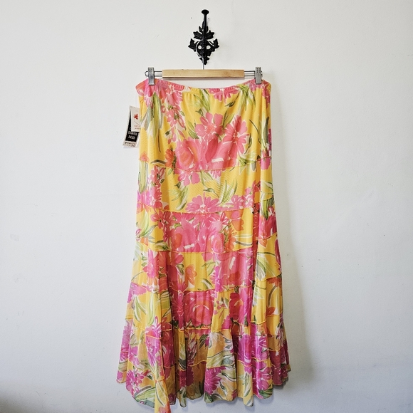 NWT Vintage Marallis Hibiscus Tiered Maxi Skirt Size XXL Floral Tropical NOS - Picture 2 of 3